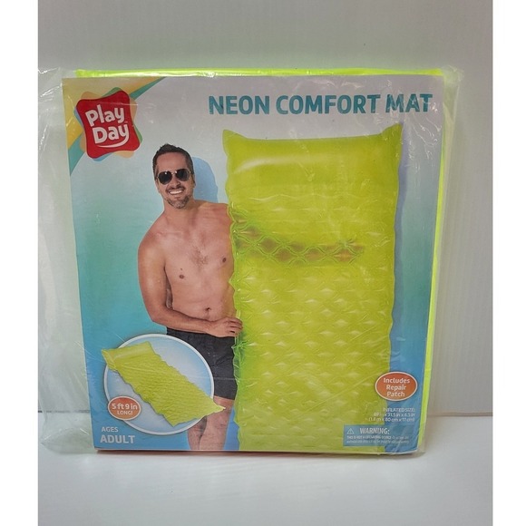 Play Day Neon Comfort Mat Inflatable Pool Float Lounger with Pillow Adult - Picture 4 of 6